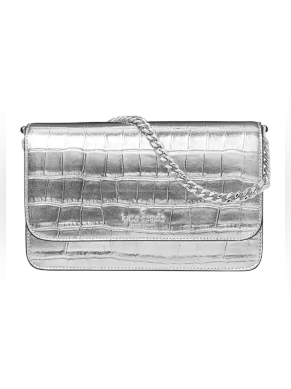 Kate Spade Madison Croc Embossed Willow Mini Flap Crossbody Silver NWT